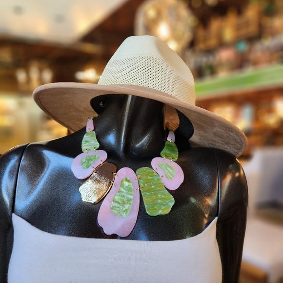 Pink, Green and Goldtone Statement Necklace with Earrings Set - Picture 3 of 17